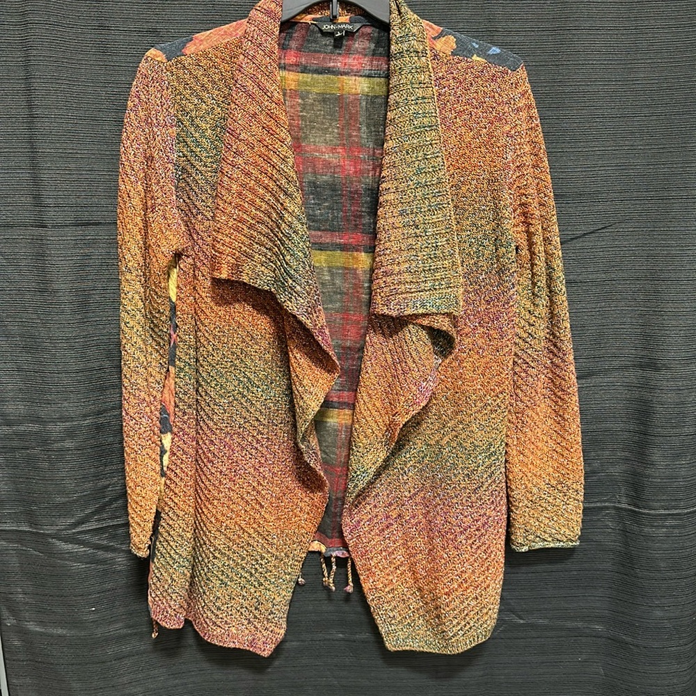 John Mark Open Waterfall‎ Knit Cardigan Autumn Leaves Fringe Mixed / Size L